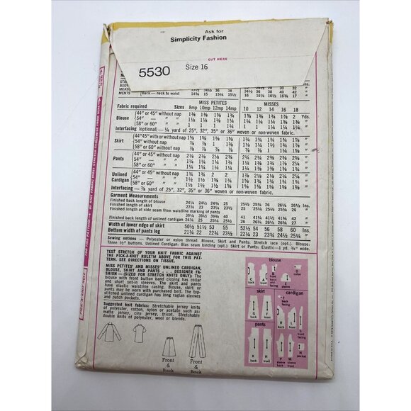 Simplicity 5530 Women's 16 Misses Cardigan Blouse Skirt Pants Knits Bust 38 Vtg - Picture 2 of 2